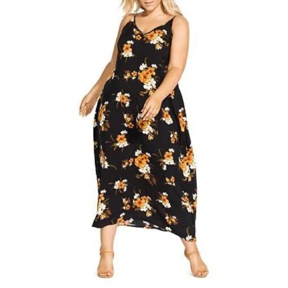 City Chic Maxi Dress Women's Size XL/22 Black Orange Aruba Floral Print Pockets